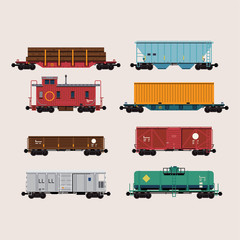 Flat design freight cars bundle including flatcars, hopper, refrigerator, tank, container, gondola and caboose - obrazy, fototapety, plakaty