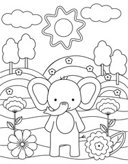 Kids coloring book with cute elephant, trees and flowers. Simple shapes, contour for small children. Cartoon vector illustration.