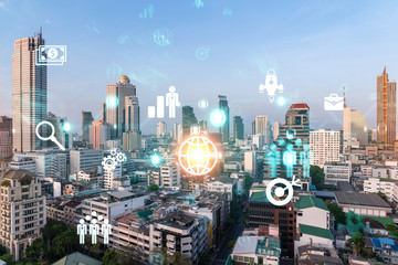 Research and development hologram over panorama city view of Bangkok, hub of new technologies to...