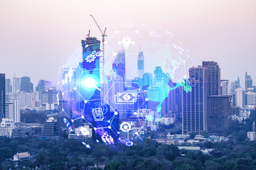 Research and development hologram over panorama city view of Bangkok, hub of new technologies to...