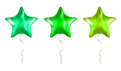 Set of Green Star Shaped foil balloons on transparent white background. Party Balloons event design decoration. Mockup for balloon print. Vector.