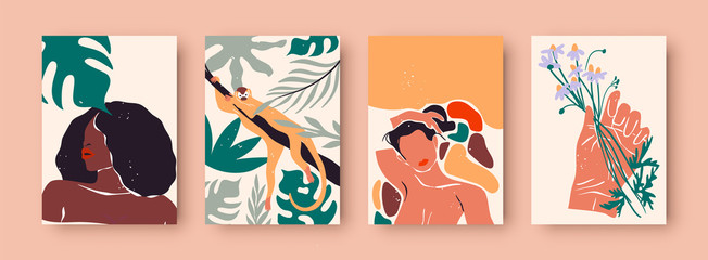 Abstract women portrait set, trendy diverse woman illustration collection with tropical nature decoration and wild jungle monkey. Wall print template for fashion, feminist, or beauty concept.