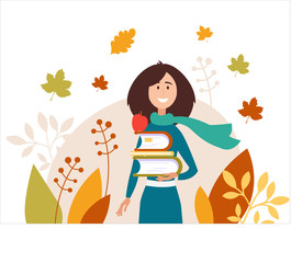 Happy girls in Autumn. Positive Student with books smiling. Beautiful Girl wearing  scarf on background of leaves. Trendy vector illustration for web, app, print. 