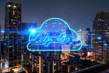 Information cloud hologram, aerial panoramic cityscape of Bangkok at night. The concept of secure storing digital data in Asia. Multi exposure.