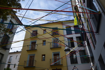 Colorful ribbons adorn the building.