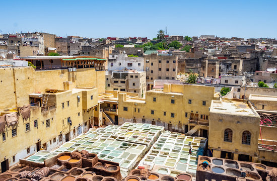 Fez, Morocco - June 25, 2019: Traditional leather tanneries in the medina of Fez, Morocco, Africa.