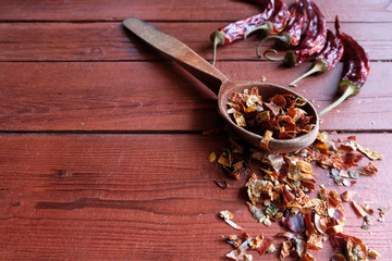 Spicy chili paste mixed with pepper on wooden background. This seasoning can be an ingredient of harissa, jika, muhammara or other middle Eastern food. Copy spase