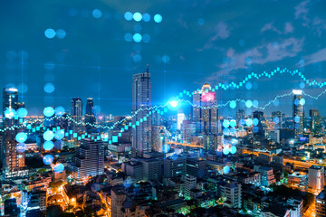 Fototapeta na wymiar FOREX graph hologram, aerial night panoramic cityscape of Bangkok, the developed location for stock market researchers in Asia. The concept of fundamental analysis. Double exposure.