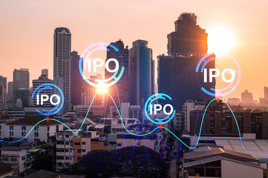 Hologram of IPO glowing icon, sunset panoramic city view of Bangkok. The financial hub for transnational companies in Asia. The concept of boosting the growth by IPO process. Double exposure.