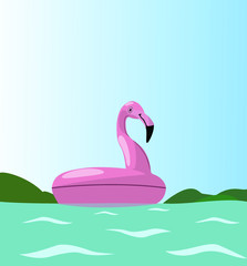 Pink rubber ring on blue water. An inflatable flamingo floats on the bare waves in the sea. Stock vector illustration.