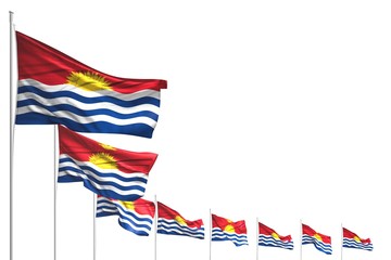 cute many Kiribati flags placed diagonal isolated on white with place for your content - any feast flag 3d illustration..