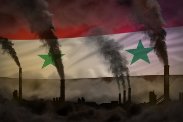 heavy smoke of plant pipes on Syrian Arab Republic flag - global warming concept, background with place for your text - industrial 3D illustration
