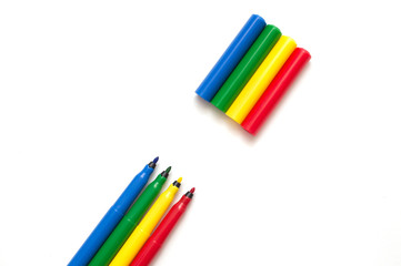 Colorful markers pens Multicolored Felt Pens on White Background.