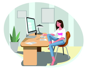 The girl sits in front of a computer in a chair. A woman is working at home due to quarantine. Stock vector illustration