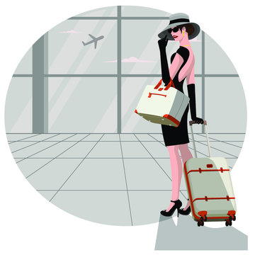 a woman in a dress and hat stands at the airport with a suitcase and bag in her hands. The girl goes on a journey. Stock vector illustration