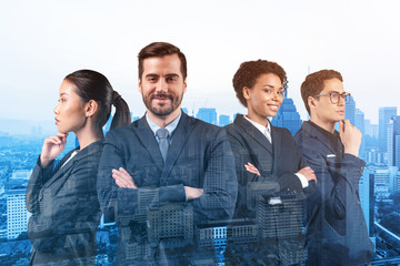 Four successful smiling business consultants standing in a row in suits and ready to tackle with customer problem. Kuala Lumpur cityscape. KL skyscrapers. Double exposure.