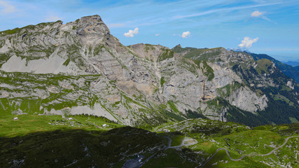 Popular vacation spot in the Swiss Alps - the Melchsee Frutt district in Switzerland - aerial view...