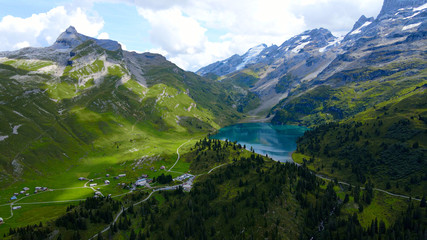 Amazing nature of the Swiss Alps - the Melchsee Frutt district in Switzerland from above - travel...