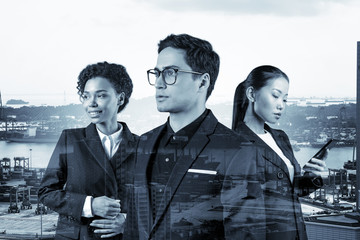 Group of three business partners in suits dreaming about new career opportunities, inspiration. Concept of multinational corporate team. Singapore on background. Double exposure.