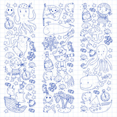 Vector pirate set in cartoon style. Sweet card with pirates, ship, whale, crab, octopus, mermaid, rum, anchor, treasure, fish, island and parrot.