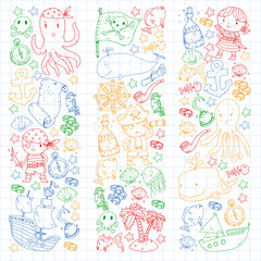 Vector pirate set in cartoon style. Sweet card with pirates, ship, whale, crab, octopus, mermaid, rum, anchor, treasure, fish, island and parrot.
