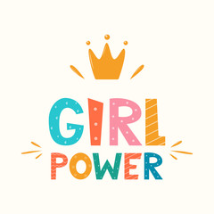 Girl power, lettering with crown symbol. Logo, icon, label for your design. Woman motivational slogan. Hand drawn vector lettering for bag, sticker, t-shirt, poster, card, banner.