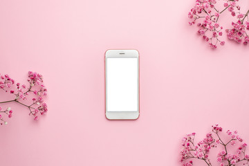 Mobile phone and Pink Gypsophila flower on pastel background with copyspace