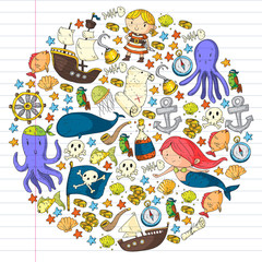 Fototapeta na wymiar Vector pirate set in cartoon style. Sweet card with pirates, ship, whale, crab, octopus, mermaid, rum, anchor, treasure, fish, island and parrot.