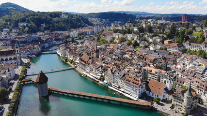 Naklejka na ściany i meble Amazing aerial view over the historic district of Lucerne in Switzerland - travel photography