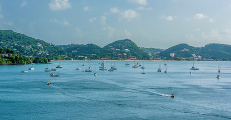 Obraz premium A view towards small boats moored in St Georges Bay in Grenada