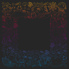 Vector pirate set in cartoon style. Sweet card with pirates, ship, whale, crab, octopus, mermaid, rum, anchor, treasure, fish, island and parrot.