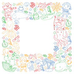 Vector pirate set in cartoon style. Sweet card with pirates, ship, whale, crab, octopus, mermaid, rum, anchor, treasure, fish, island and parrot.