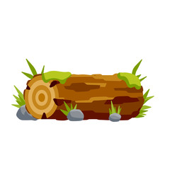 Vector brown log with green moss and stone. Building wood material, natural element. Set of cartoon illustration. Environment of forest