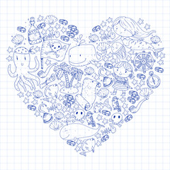 Vector pirate set in cartoon style. Sweet card with pirates, ship, whale, crab, octopus, mermaid, rum, anchor, treasure, fish, island and parrot.