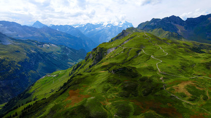 Popular vacation spot in the Swiss Alps - the Melchsee Frutt district in Switzerland - aerial view...