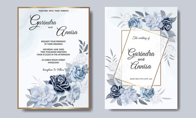  Romantic  Wedding invitation card template set with  blue  floral leaves Premium Vector