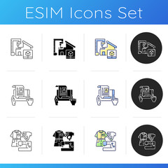 Craftsmanship icons set. 3D model for building prototype. Self publish document. Fashion industry. Designer studio. Tailor workshop. Linear, black and RGB color styles. Isolated vector illustrations