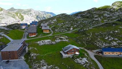Popular vacation spot in the Swiss Alps - the Melchsee Frutt district in Switzerland - aerial view...
