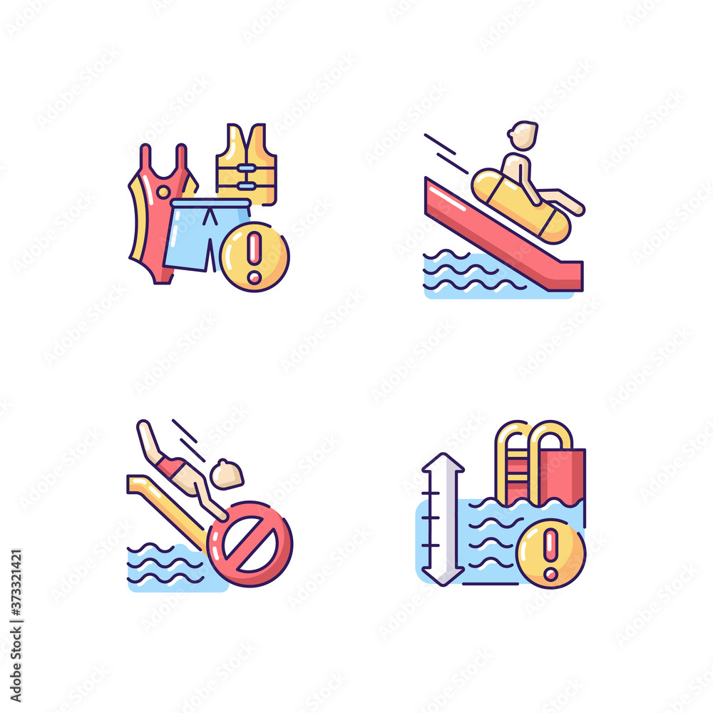 Poster water park rules and restrictions rgb color icons set. waterslide riding rules, water depth warning 