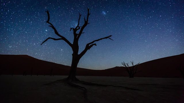 Zeitraffer von Monduntergang und Milchstra&szlig;e im Deadvlei, Namibia