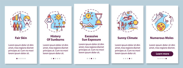 Skin cancer risk factors onboarding mobile app page screen with concepts. Numerous moles. Sunny climate. Walkthrough 5 steps graphic instructions. UI vector template with RGB color illustrations