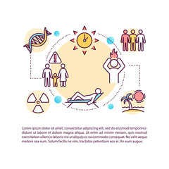 Skin cancer risk factors concept icon with text. UV exposure. Melanoma. Environmental chemicals. PPT page vector template. Brochure, magazine, booklet design element with linear illustrations