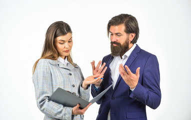 Communication at work. Sometimes partnership is difficult. Need some help. Successful partnership. Couple business meeting. Risky contract. Man and woman with office document folder. Business concept