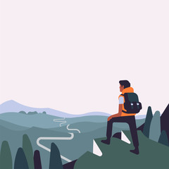 Person standing on verge of mountain observing road ahead vector illustration with copy space