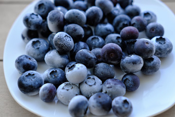 blueberries on a white plate. close up view. frozen berries. healthy way to preserve vitamins. food storage. winter vitamin source. frost on blueberries.