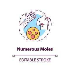 Numerous moles concept icon. Birthmarks. Human disease factors. Nevus treatment. Skin tags idea thin line illustration. Vector isolated outline RGB color drawing. Editable stroke