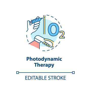 Photodynamic therapy concept icon. Phototherapy. Destroying abnormal cells with light. Photosensitizers. PDT idea thin line illustration. Vector isolated outline RGB color drawing. Editable stroke
