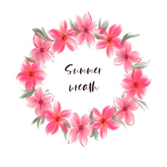 Floral wreath of pink flowers and leaves. Suitable for all types of design and printing.
