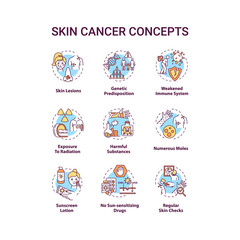 Fototapeta na wymiar Skin cancer concept icons set. No sun sensitizing drugs. Sunscreen lotion. Weakened immune system. Melanoma idea thin line RGB color illustrations. Vector isolated outline drawings