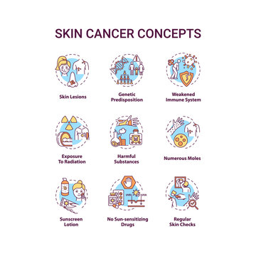 Skin cancer concept icons set. No sun sensitizing drugs. Sunscreen lotion. Weakened immune system. Melanoma idea thin line RGB color illustrations. Vector isolated outline drawings